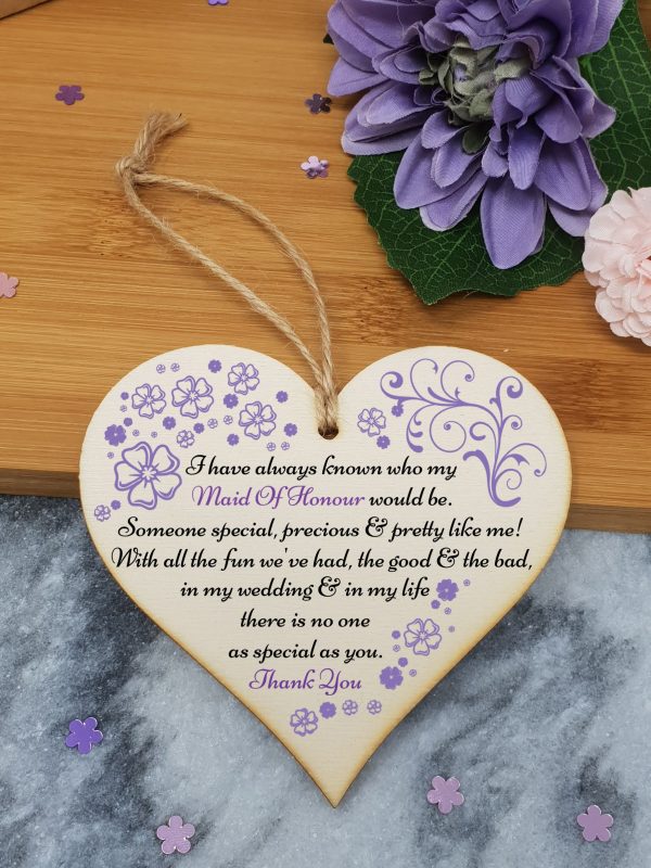 Handmade Wooden Hanging Heart Plaque Gift Thank You for Being My Maid of Honour Wedding Novelty Keepsake Supply