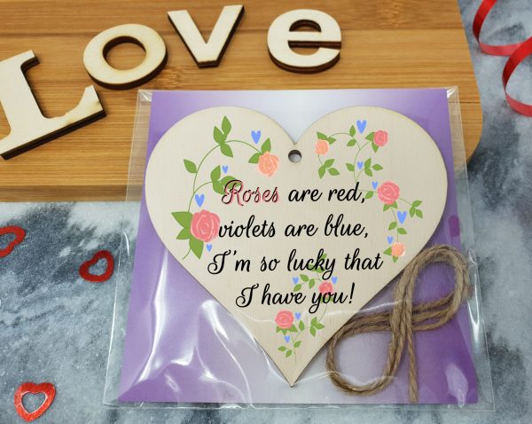 Handmade Wooden Hanging Heart Plaque Valentine s Gift Roses are red I m lucky I have you sweet floral design gift for someone special boyfriend girlfriend husband wife cute romantic keepsake For Sale