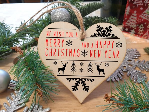 Handmade Christmas Hanging Wooden Heart Plaque Decoration Gift or Tag to wish someone special a merry xmas Stag and Snowflake monochrome design festive bauble Hot on Sale