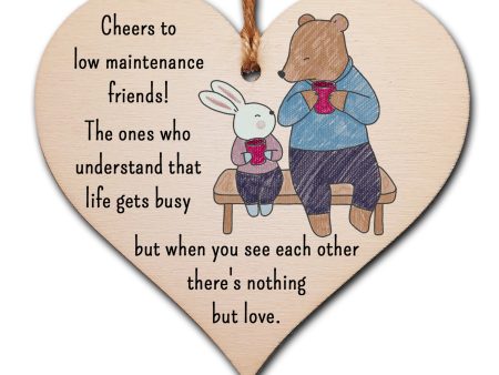 Handmade Wooden Hanging Heart Plaque Gift Cheers to low maintenance friends long distance friendship miss you present cute window wall hanger absent friend cute hand drawn design For Cheap