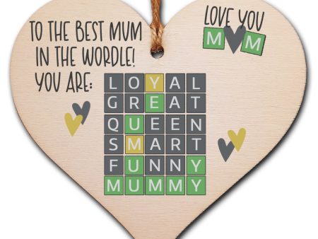 Handmade Wooden Hanging Heart Plaque Gift The Best Mum in the World Wordle Funny Mummy Play on Words Online now