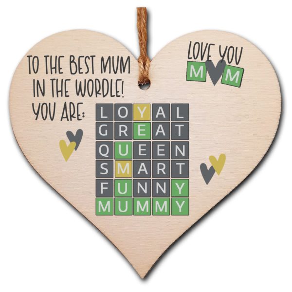 Handmade Wooden Hanging Heart Plaque Gift The Best Mum in the World Wordle Funny Mummy Play on Words Online now