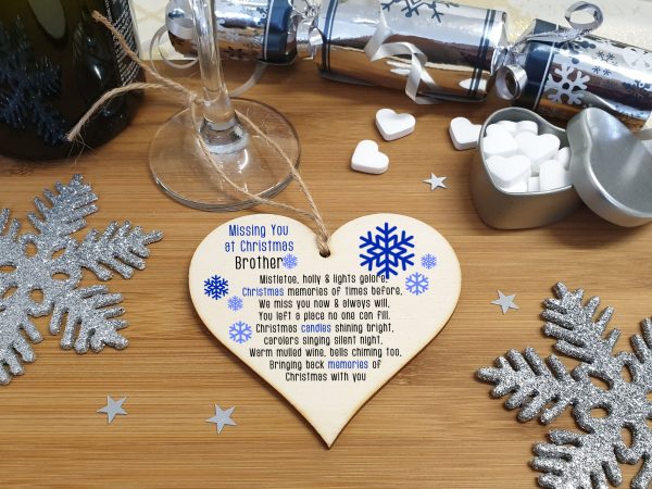 Handmade Wooden Christmas Hanging Heart Plaque Gift Missing you at Xmas Brother sentimental rememberance present tree decoration snowflake lost loved ones Supply