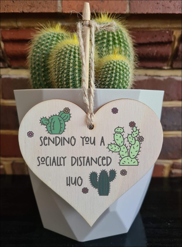 Handmade Wooden Hanging Heart Plaque Gift sending you a socially distanced hug miss you long distance novelty wall hanger cute fun cactus design for family friends grandparents Online Hot Sale