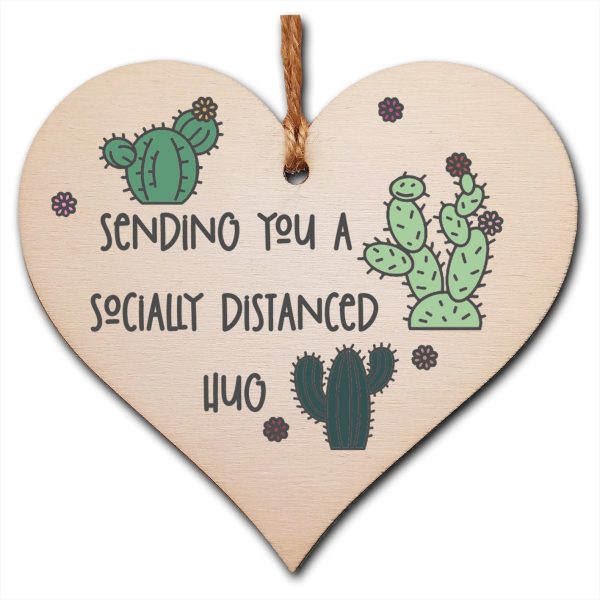 Handmade Wooden Hanging Heart Plaque Gift sending you a socially distanced hug miss you long distance novelty wall hanger cute fun cactus design for family friends grandparents Online Hot Sale