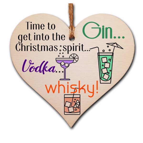 Handmade Christmas Hanging Wooden Heart Plaque Decoration Gift Christmas Spirit perfect for gin vodka whisky lovers novelty boozy xmas festive bauble Online now