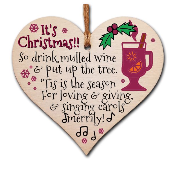 Handmade Christmas Hanging Wooden Heart Plaque Decoration Gift Christmas Mulled Wine Jolly Season Tag to wish someone special a merry xmas festive bauble Cheap